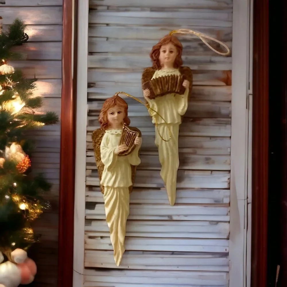 2 Angel Icicle Ornament Christmas Vintage 90s Resin Teardrop Holiday Ivory Gold.
